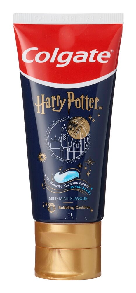 Colgate Harry Potter barnetannkremtube, mørkeblå med rød topp, gullkork og fargeskiftende funksjon.
