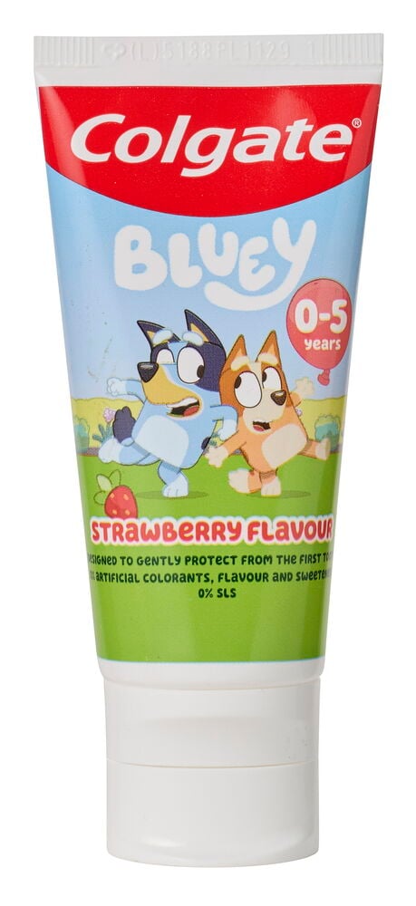Colgate Bluey barntandkräm, 50ml, jordgubbssmak, för 0-5 år, tub med Bluey och Bingo.