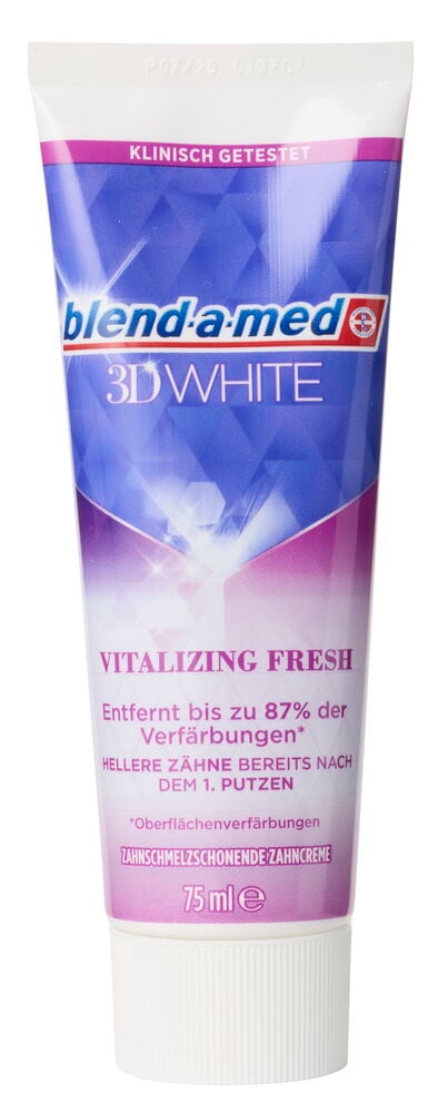 Zahnpasta Odol-med3 75 ml Brilliant White, blaue und lila Tube mit weißer Kappe.