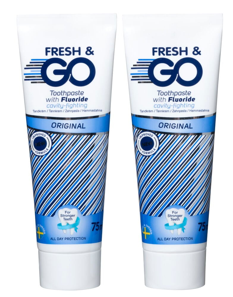 Två tuber tandkräm med blå och vit design.