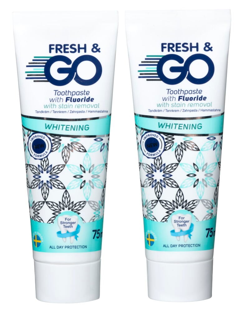Två tuber tandkräm Fresh & Go Whitening 75 ml.