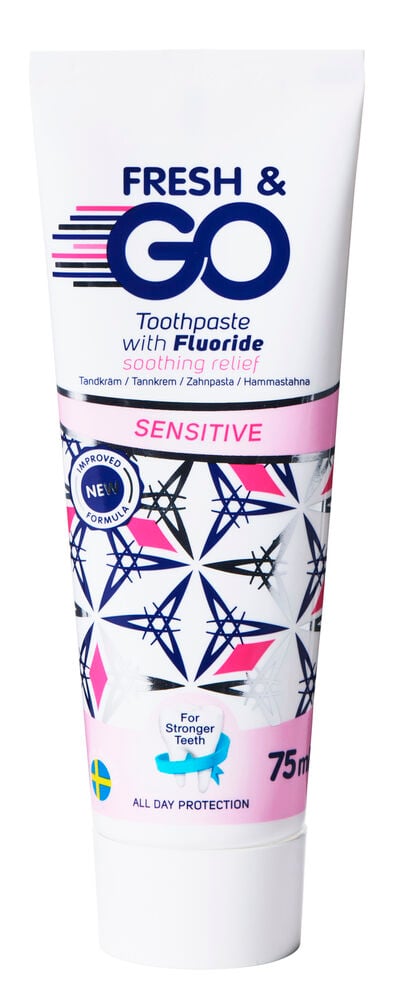 Tandkrämstub med färgglad etikett för känsliga tänder.