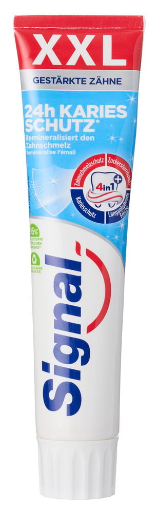 Zahnpasta Signal 125 ml Karies Schutz Tube, weiß mit rotem und blauem Design und weißer Kappe.