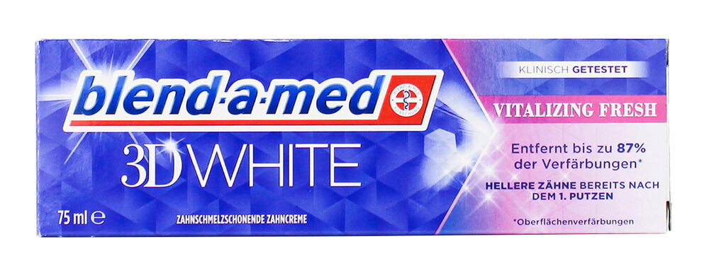 Eine Blend-A-Med 3D White Vitalizing Fresh Zahnpasta-Packung, 75 ml, in blau-weißer Verpackung.