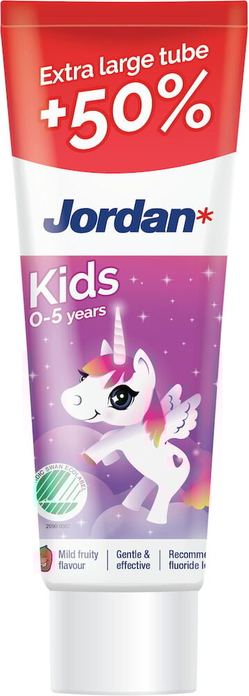 Tandkrämstub för barn med enhörning och lila bakgrund.