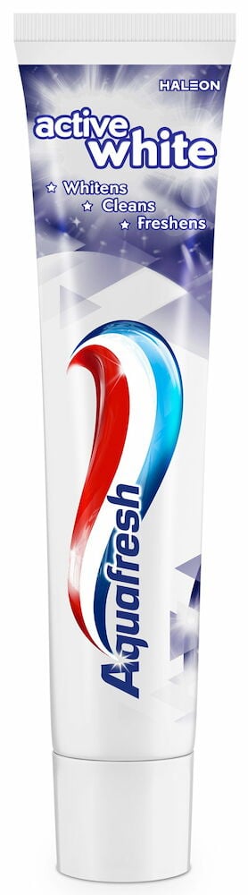 Tandkrämstub Aquafresh Active White med blått och rött.