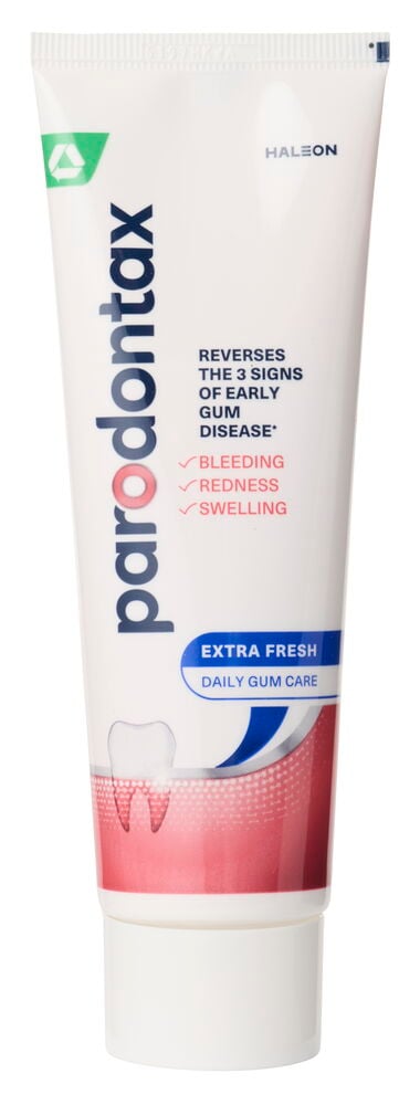 Tannkrem Parodontax 75 ml Extra Fresh, hvit tube med blå og rød tekst og hvit kork.