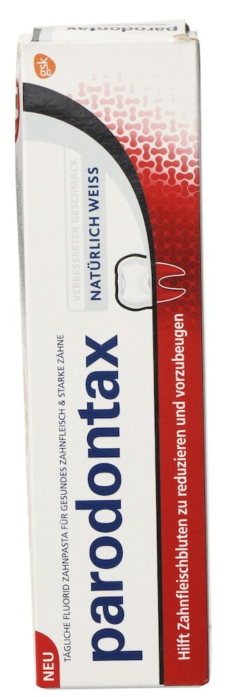 Weiße und rote Parodontax 75 ml Natürlich Weiss Zahnpasta-Packung, mit Text und Markenlogo.