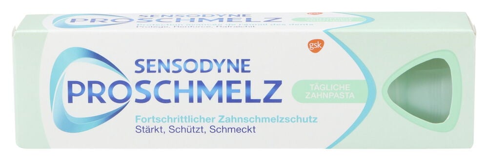 Weiße und grüne Sensodyne ProSchmelz Zahnpasta-Verpackung mit blauem Text und Aussparung.