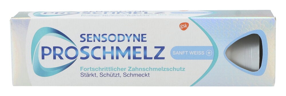 Eine weiße Sensodyne ProSchmelz Sanft Weiss Zahnpasta-Packung mit blauen Akzenten und Sichtfenster zur Tube.