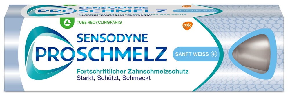 Sensodyne ProSchmelz 75 ml Sanft Weiss Zahnpasta Verpackung, weiß mit blauer und grüner Schrift und Akzenten.