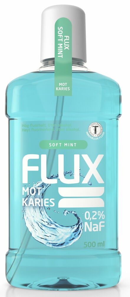 Turkos flaska med munskölj och grått plastlock.