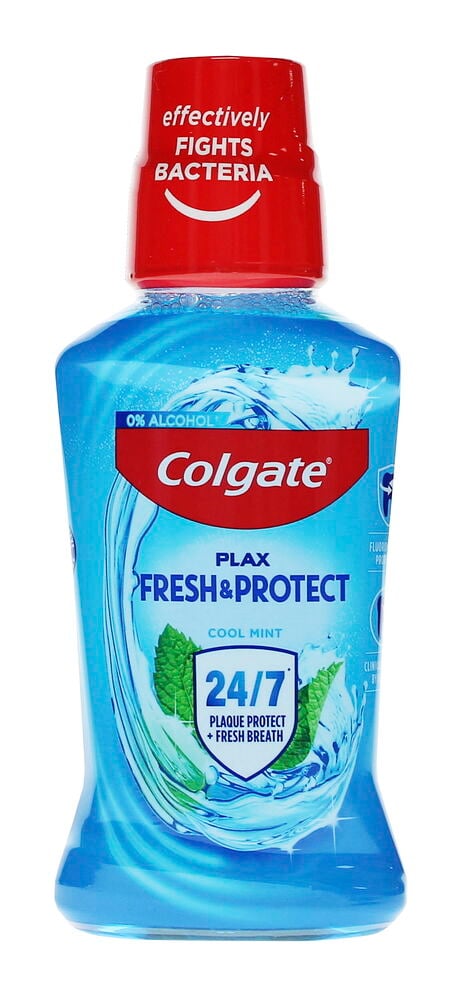 Suuvesi Colgate 250 ml Plax Cool Mint pullo sinisellä nesteellä, punaisella korkilla, tekstit 'FIGHTS BACTERIA' ja '0% ALCOHOL'.