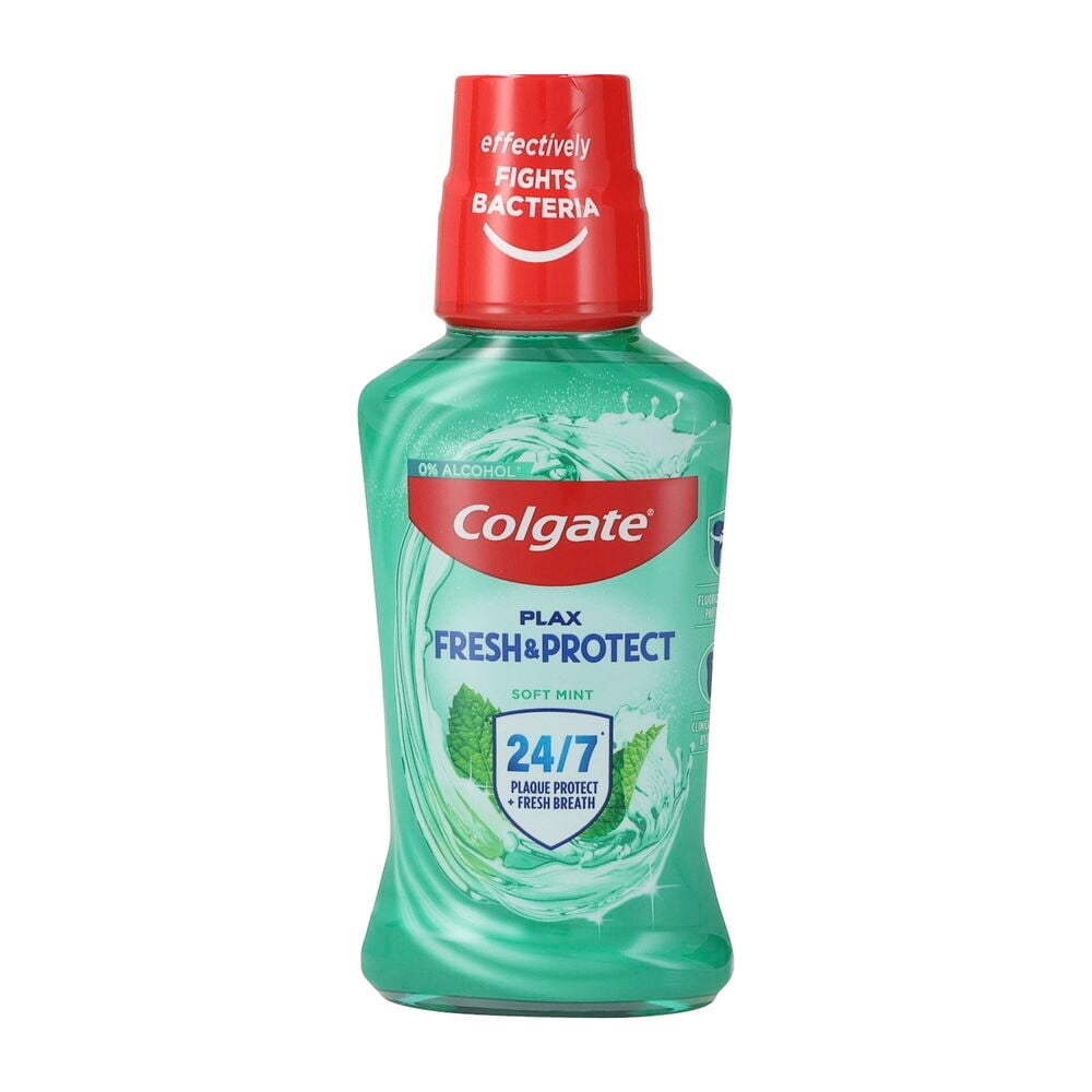 Mundspülung Colgate 250 ml Plax Fresh&Protect Soft Mint, grüne Flasche mit rotem Deckel.