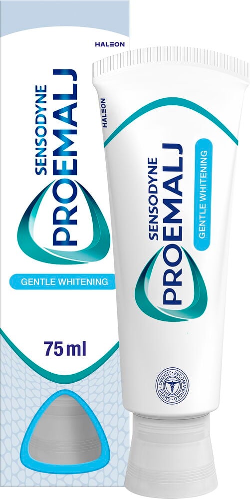Vit Tandkräm Sensodyne ProEmalj 75 ml Whitening tub och matchande förpackning med turkosa detaljer.