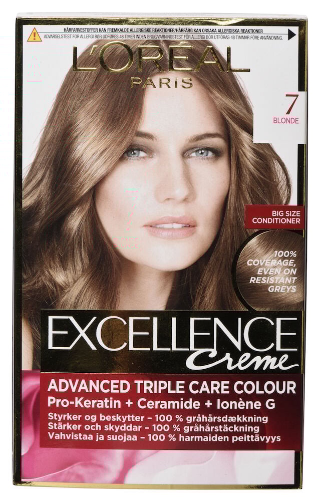 Forpakning med hårfarge og blond kvinne.