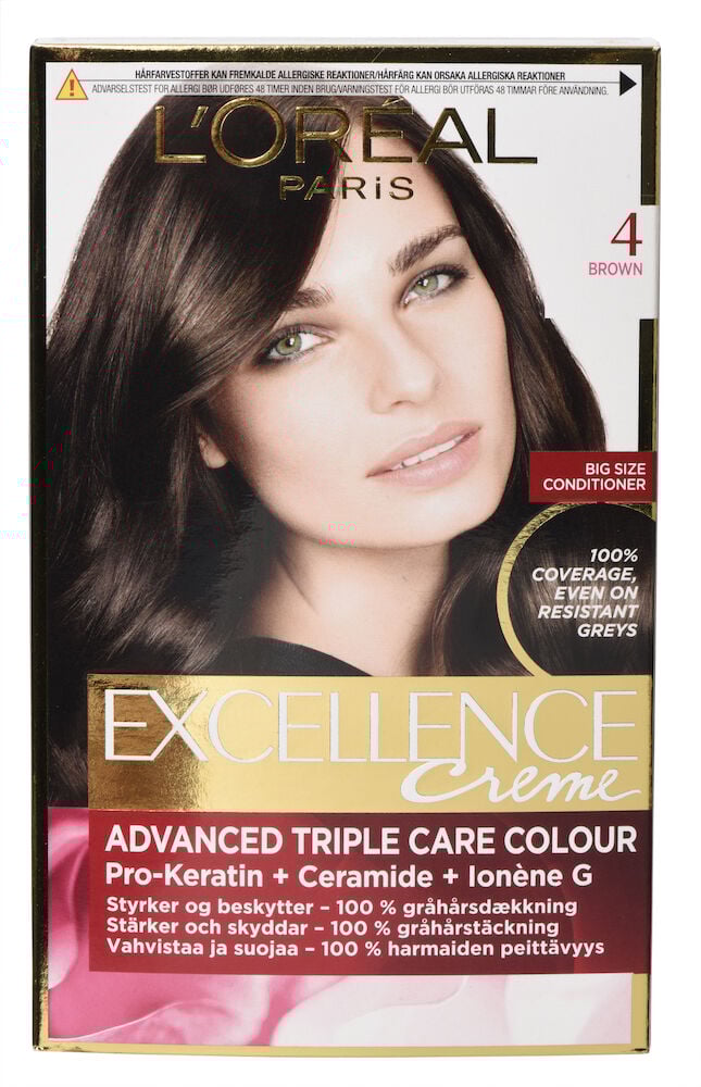 Forpakning med brun hårfarge og bilde av kvinne.