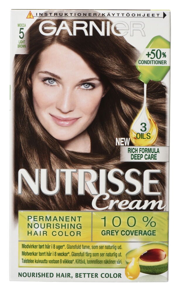 Forpakning med Garnier Nutrisse brun permanent hårfarge.