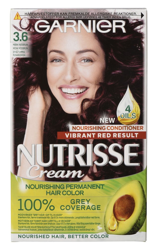 Forpakning med hårfarge, glad kvinne med rødbrunt hår.