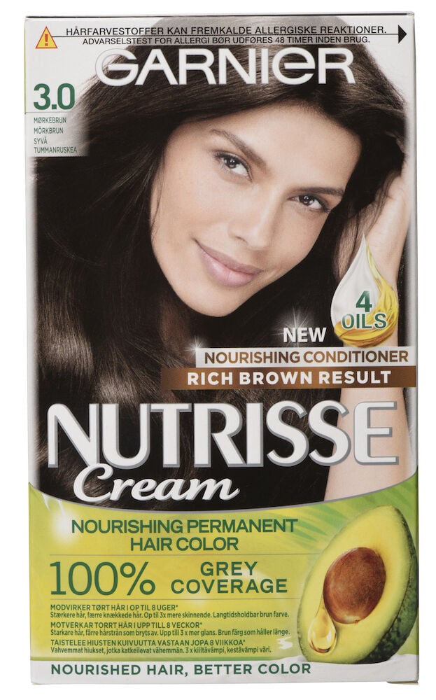 Forpakning med Garnier Nutrisse mørkebrun permanent hårfarge.