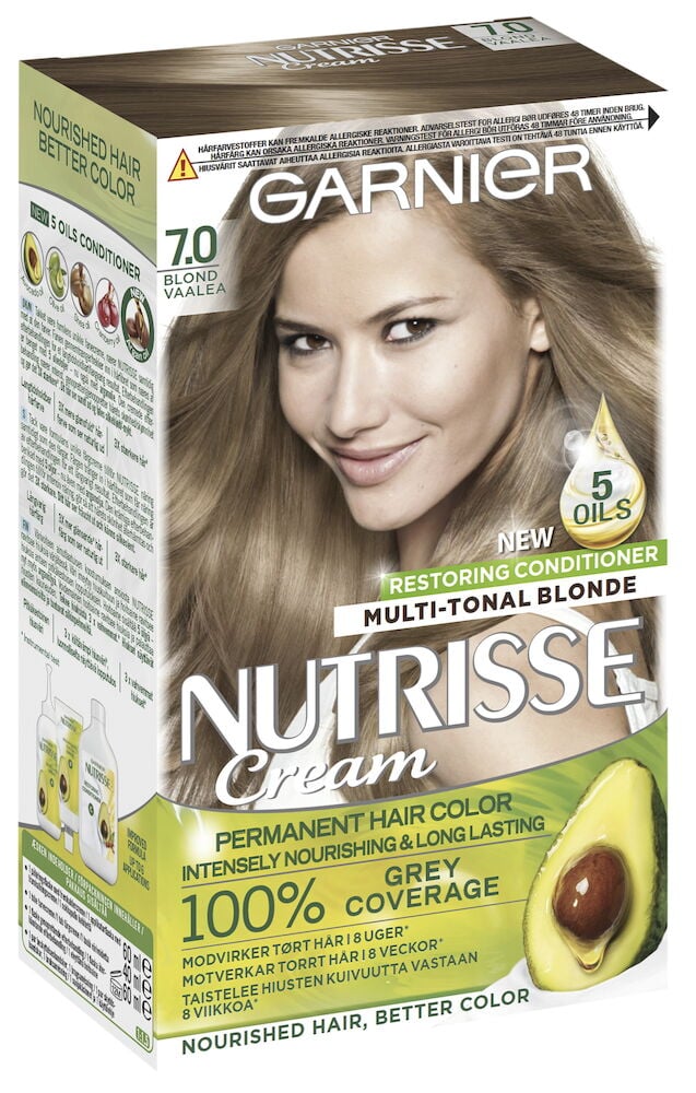 Kartong med Garnier Nutrisse Cream blond hårfarge.