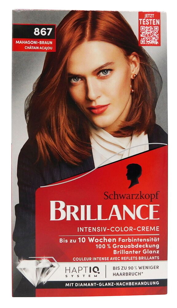 Haarfarbe Schwarzkopf Brillance 867 Mahagoni Braun Packung zeigt Frau mit mahagonibraunem Haar.