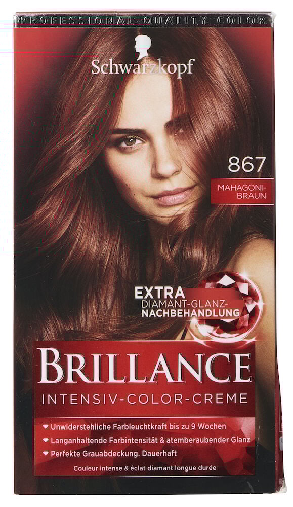 Haarfarbe Schwarzkopf Brillance 867 Mahagoni Braun Packung mit einer Frau mit mahagonibraunem Haar.