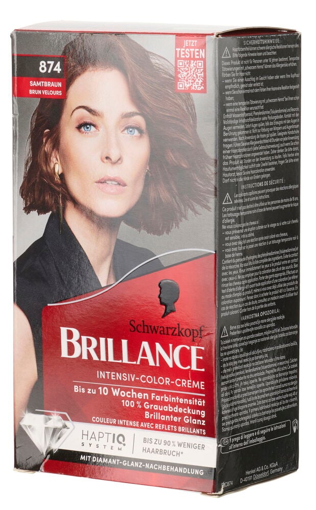 Haarfarbe Schwarzkopf Brillance 874 Samtbraun Packung mit einer Frau mit braunem Haar und blauen Augen.