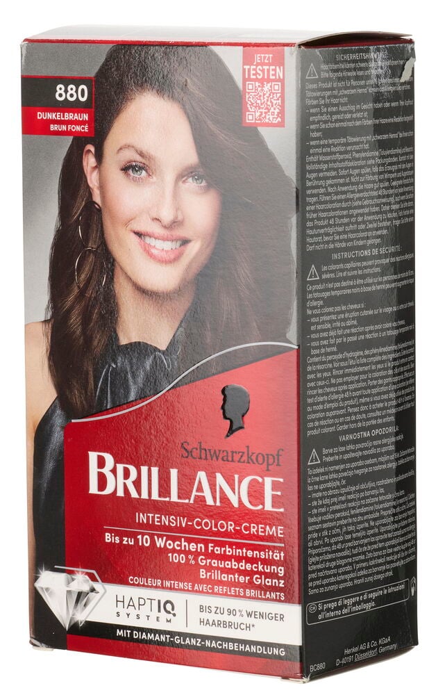 Haarfarbe Schwarzkopf Brillance 880 Dunkel-Braun Packung mit einer Frau mit dunkelbraunem Haar.