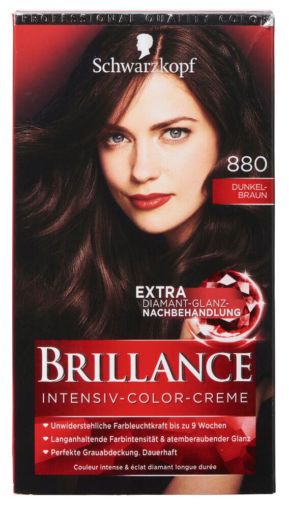 Haarfarbe Schwarzkopf Brillance 880 Dunkel-Braun Packung mit einer Frau und dunklem Haar.