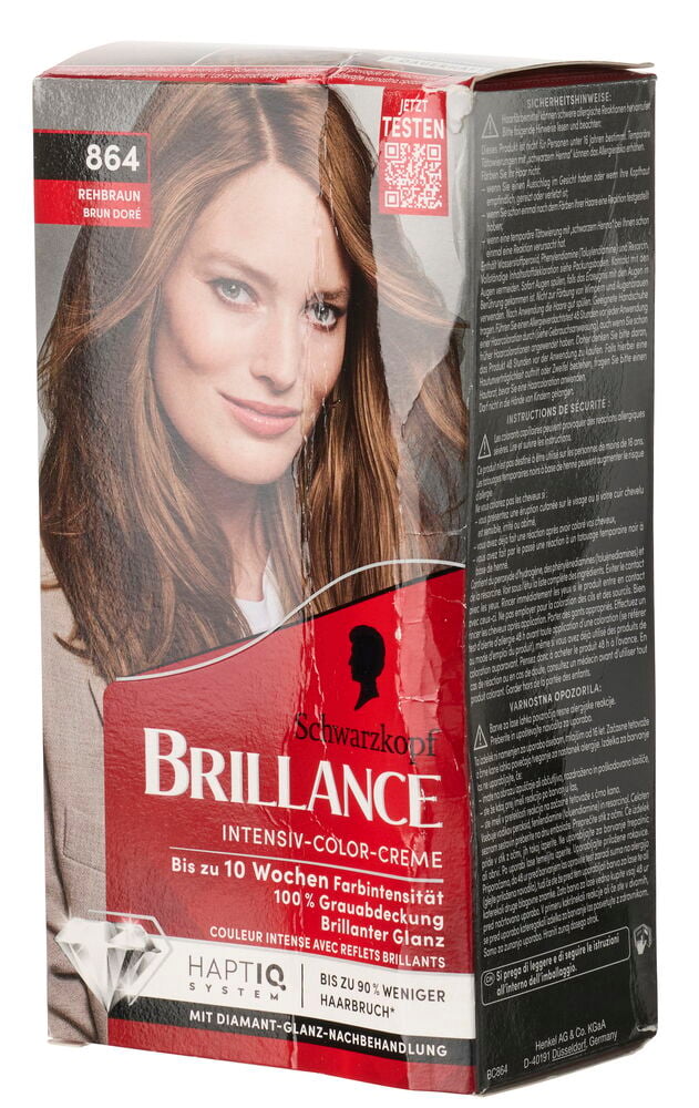 Haarfarbe Schwarzkopf Brillance 864 Rehbraun Packung mit einer Frau mit braunem Haar.