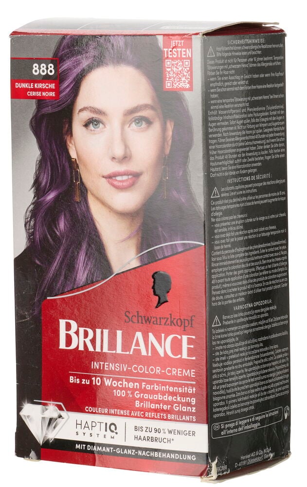 Haarfarbe Schwarzkopf Brillance 888 Dunkle Kirsche Packung mit Frau, die dunkelkirschfarbenes Haar zeigt.