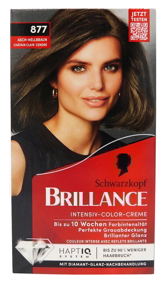 Haarfarbe in Asch-Hellbraun, mit einer Frau mit asch-hellbraunem Haar auf der Packung abgebildet.