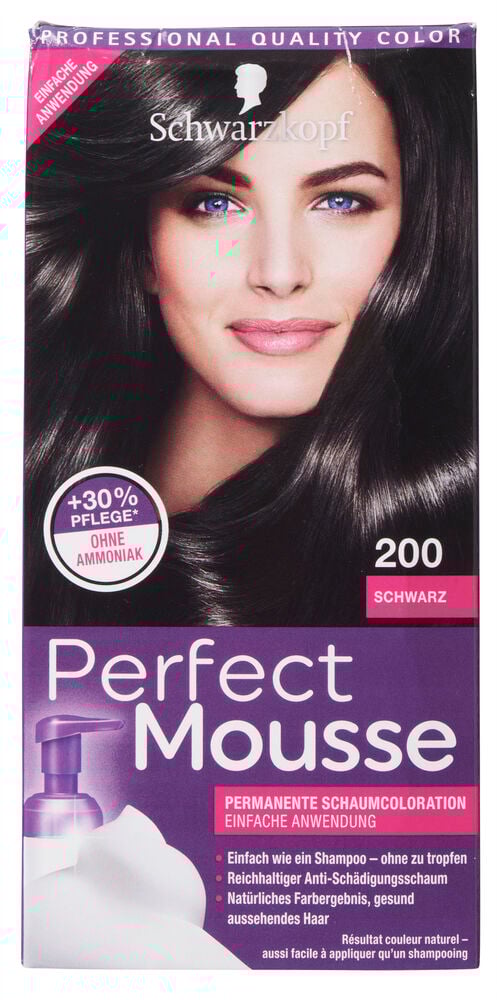 Perfect Mousse 200 Schwarz Haarfarbe-Box mit einer Frau, die schwarzes Haar und eine Schaum-Pumpflasche zeigt.