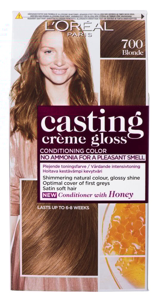 En förpackning hårtoning 700 blond med modell.