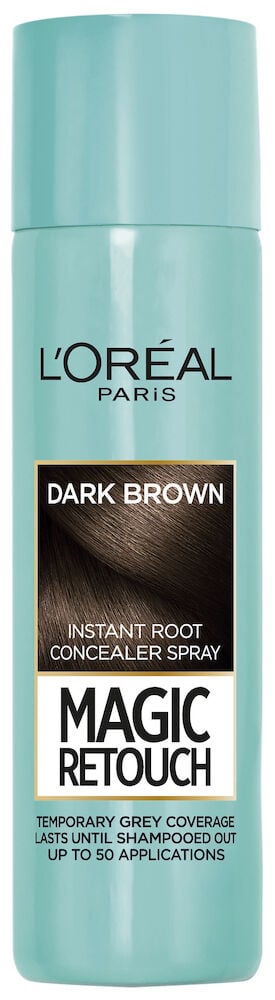 Turkos sprayflaska med etikett för mörkbrunt hår.