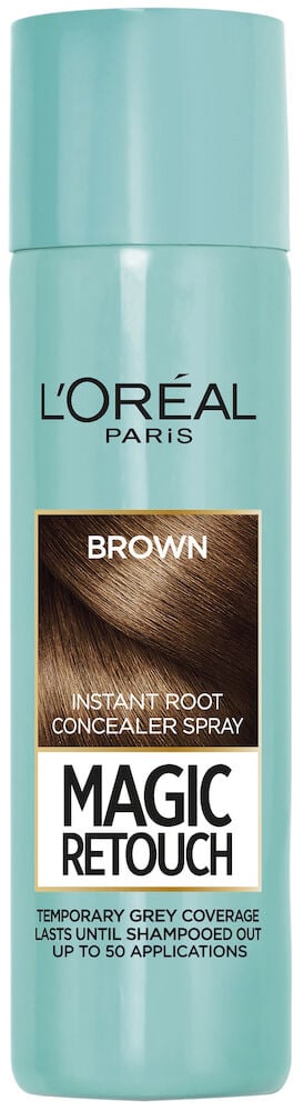 Turkis sprayboks for brun hårfarging og ettervekst.