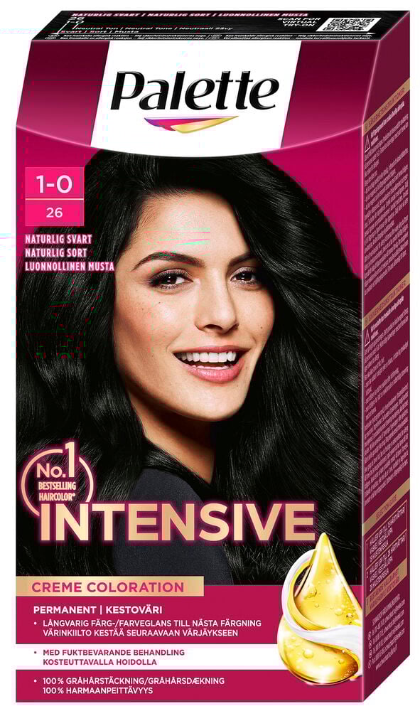 Kvinna med långt, glansigt svart hår på kartong.