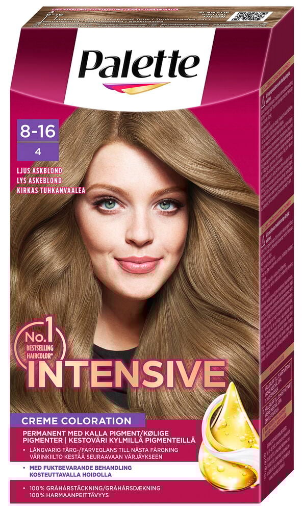 Kvinna med långt ljus askblont hår på förpackning.