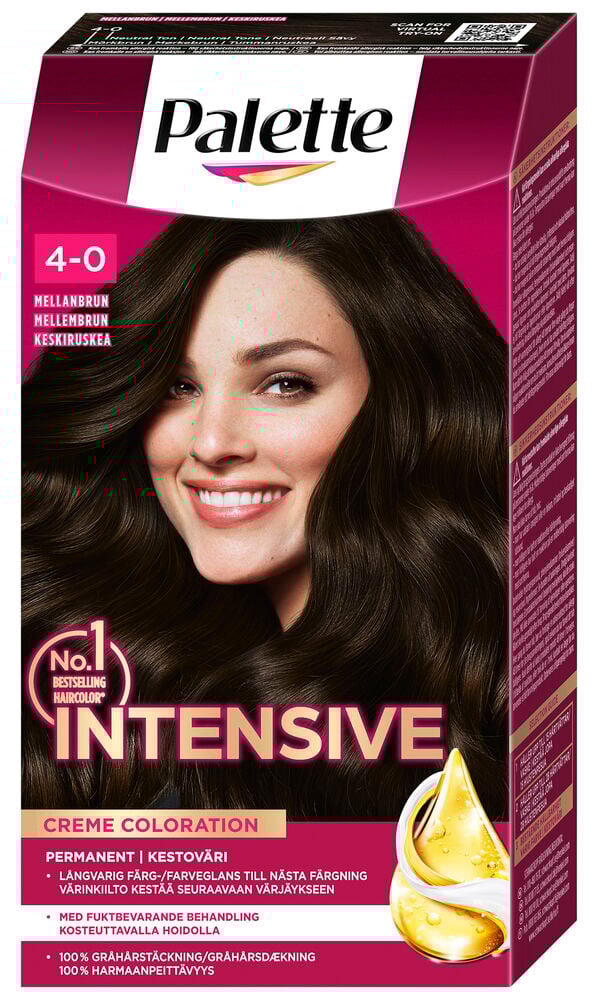 Kvinna med brun hårfärg på förpackningsbild.