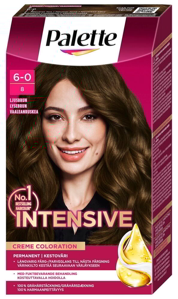 Kvinna med långt ljusbrunt hår på hårfärgsförpackning.