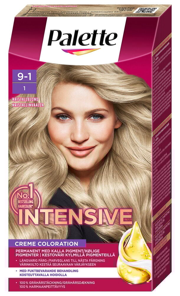 Förpackning med hårfärg för kall kristallblond nyans.