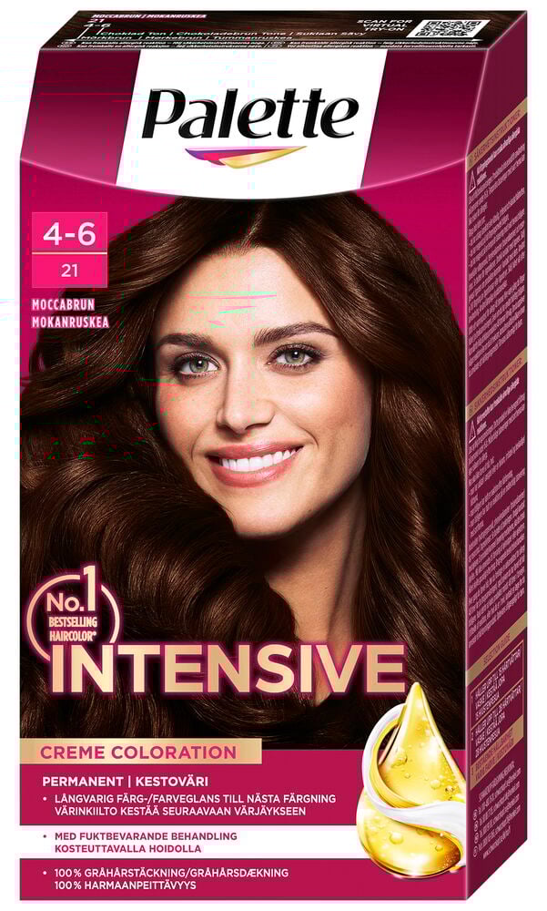 Pakkaus ruskeaa pysyvää hiusväriä ja hymyilevää naista.