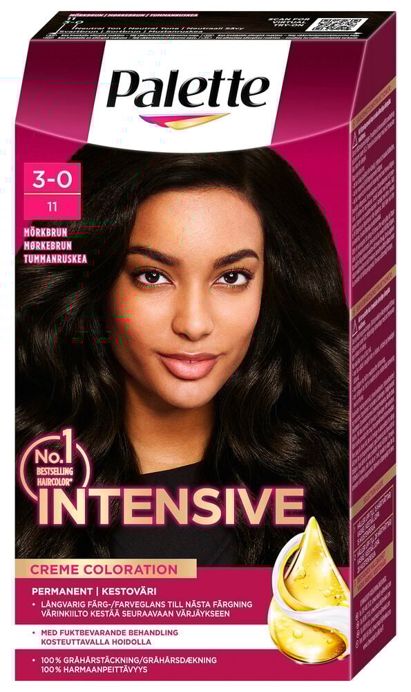 En hårfärgsförpackning med mörkbrunhårig kvinna.