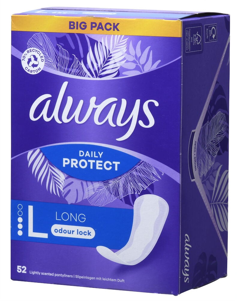 Blå förpackning med Always stora trosskydd.