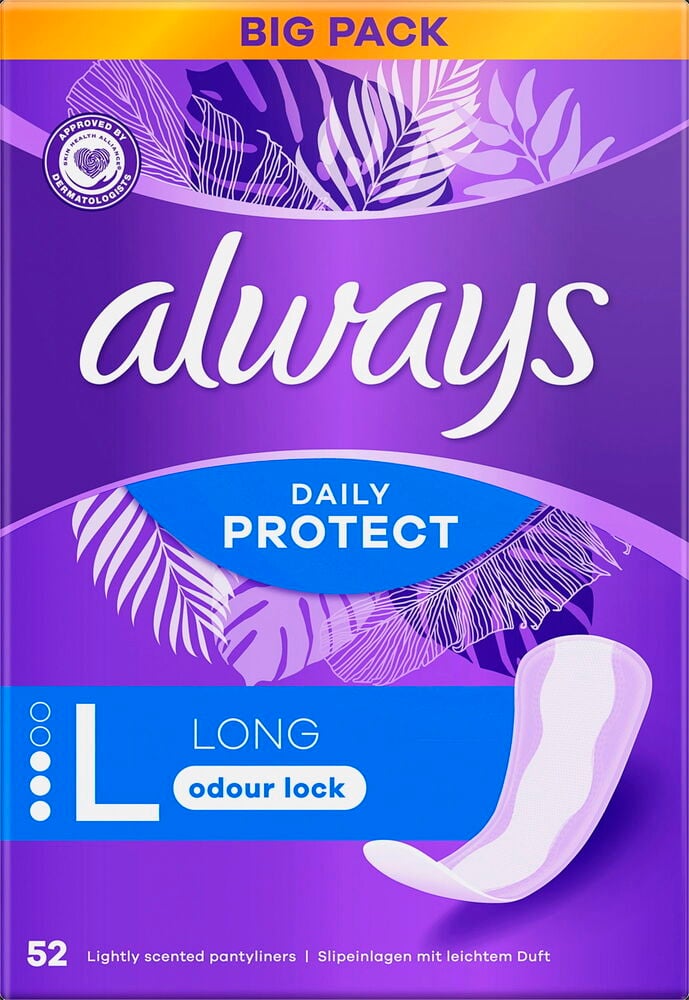 Lila förpackning med alltid trosskydd, stor storlek.