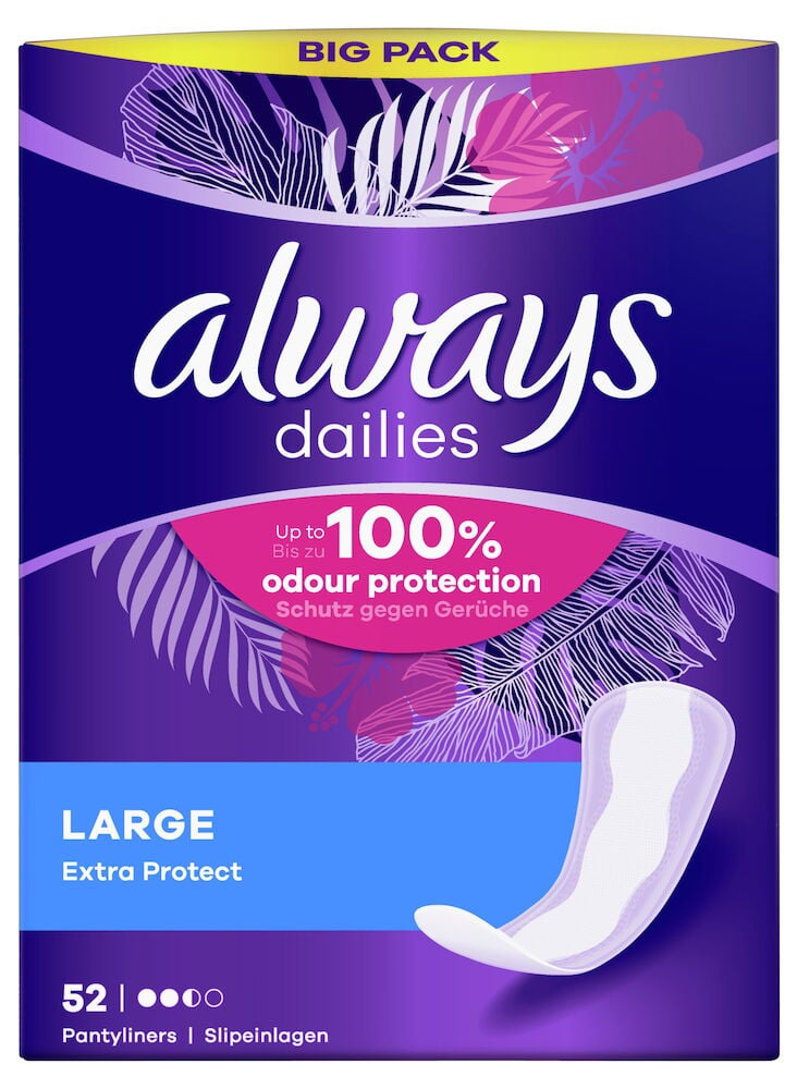 Förpackning med Always stora trosskydd, lila design.