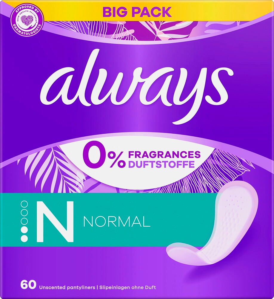 Ett lila och vitt Always 60-pack oparfymerade normala trosskydd, visar ett vitt trosskydd.