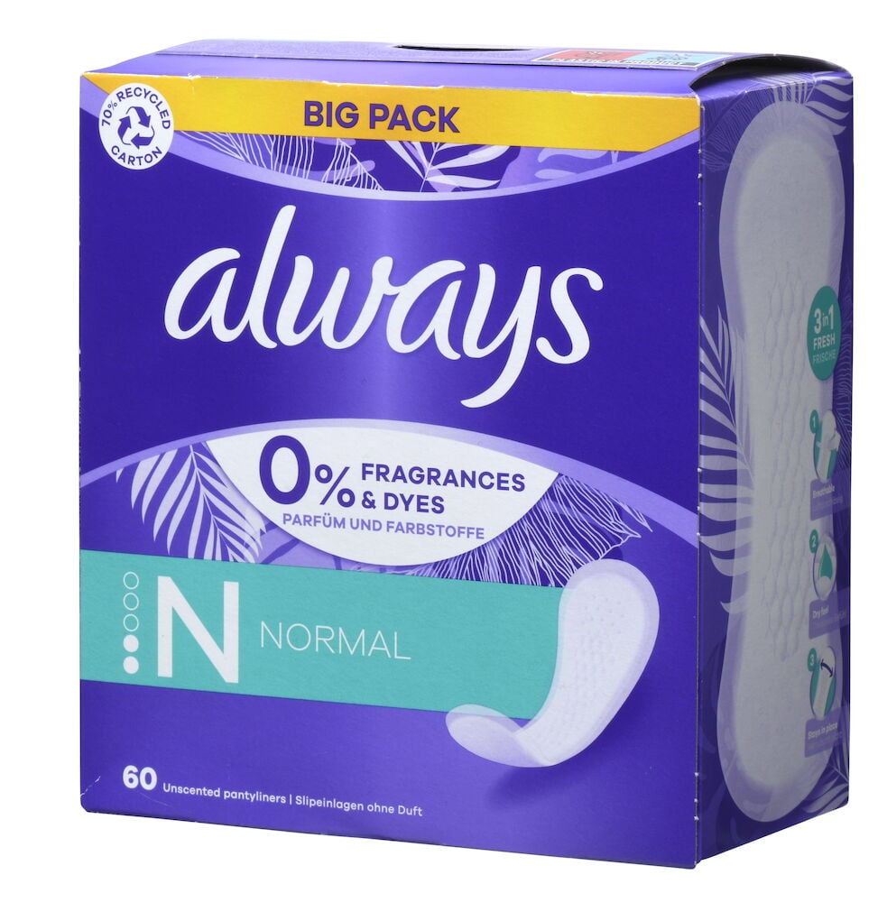 Lila förpackning med Always trosskydd normal storlek.