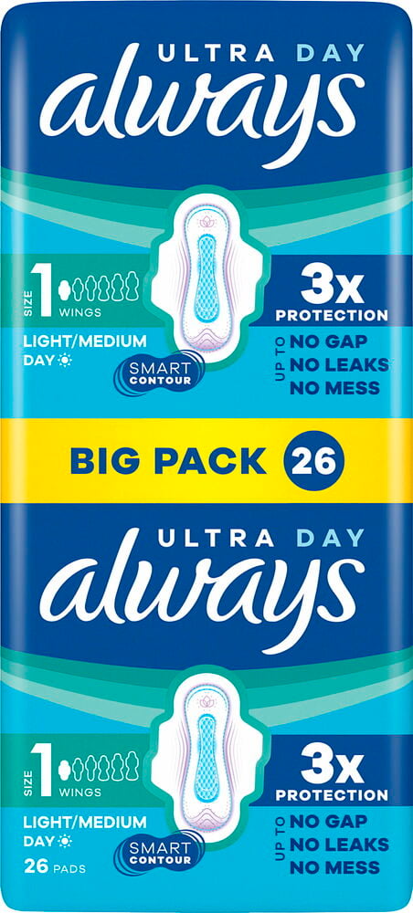 Två staplade Always Ultra Day dambindepaket, 26 stycken, storlek 1, lätt/medium, med vingar.